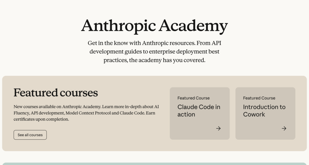La page Anthropic Academy avec ses cours et certificats