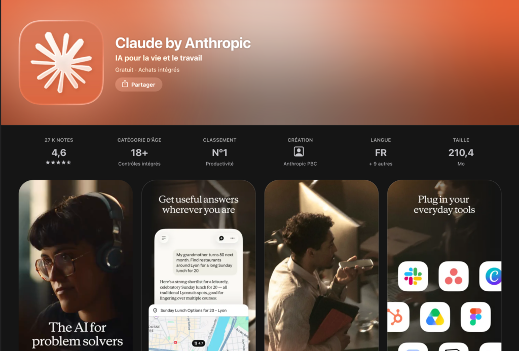 La fiche officielle Claude by Anthropic sur l'App Store : 4,6 étoiles, n°1 en productivité