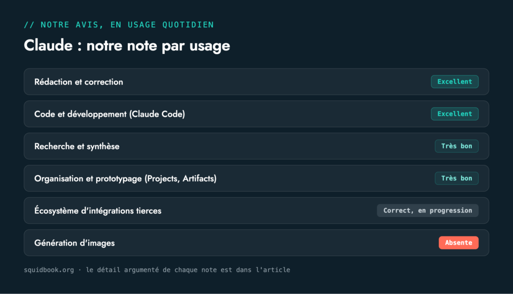 Notre note de Claude par usage : rédaction et code excellents, images absentes