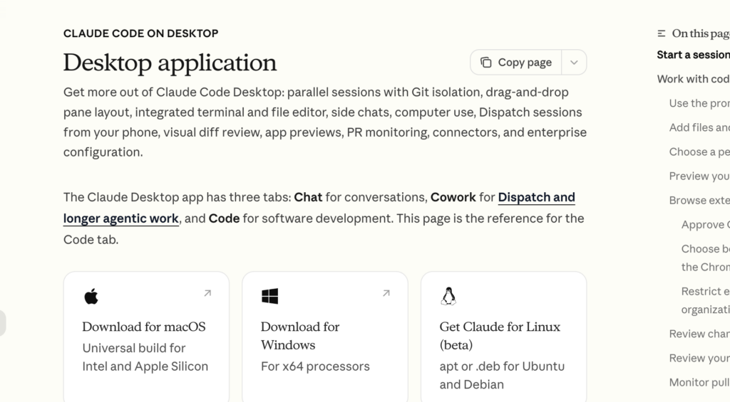 La documentation officielle de Claude Code dans l'application desktop : trois onglets Chat, Cowork et Code