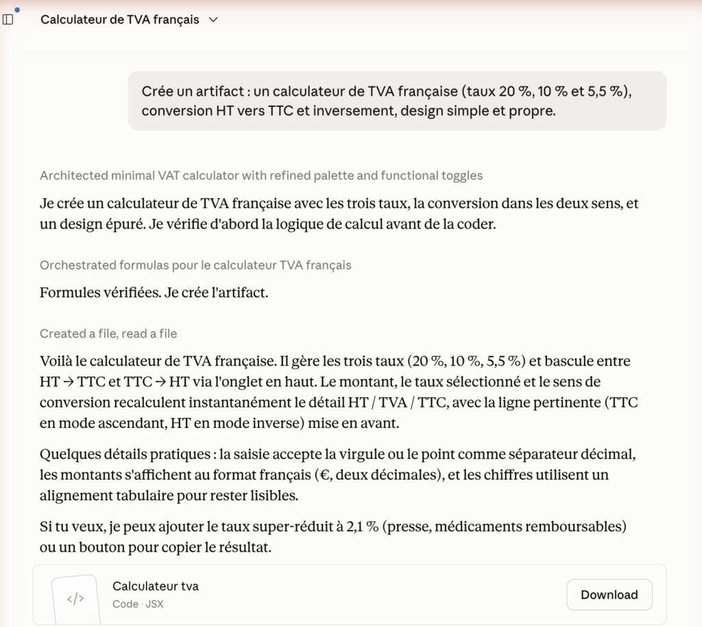 Une conversation réelle avec Claude, entièrement en français : demande, raisonnement et réponse