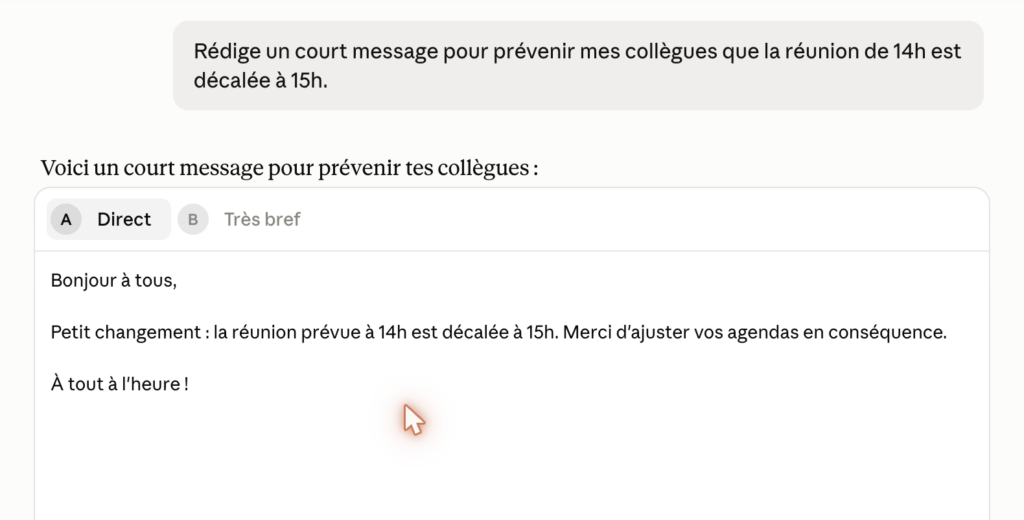 Une première question posée à Claude et le début de sa réponse
