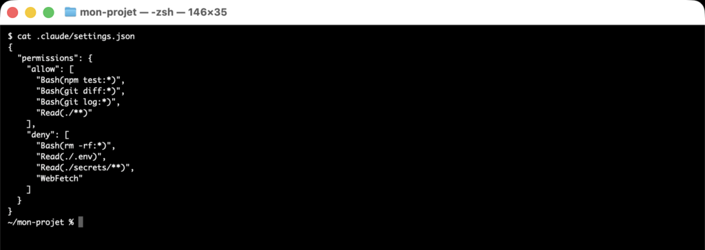 Un fichier settings.json de Claude Code avec des règles allow et deny