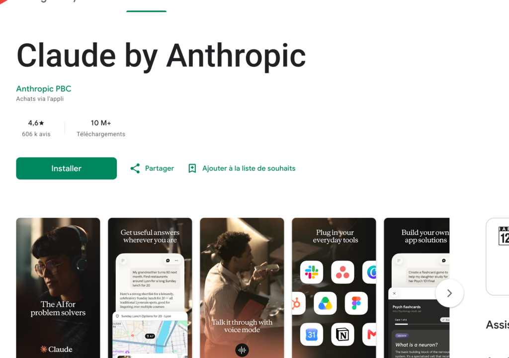 La fiche officielle Claude by Anthropic sur Google Play : 4,6 étoiles, plus de 10 millions de téléchargements