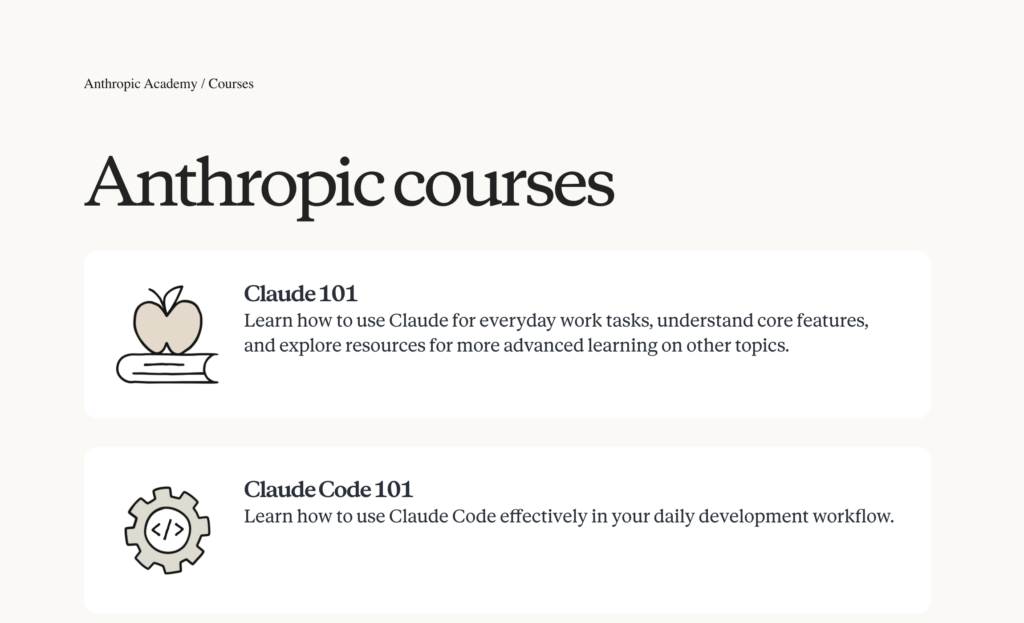 Le catalogue réel des cours Anthropic Academy : Claude 101, Claude Code 101, Claude Platform 101