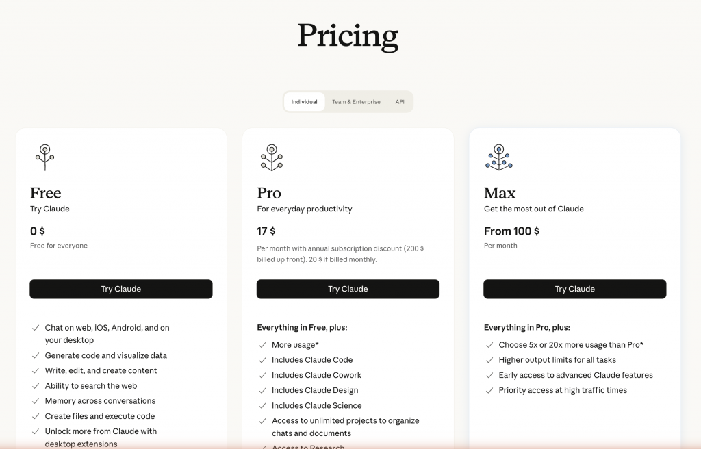 Page officielle des tarifs Claude : offres Free, Pro et Max