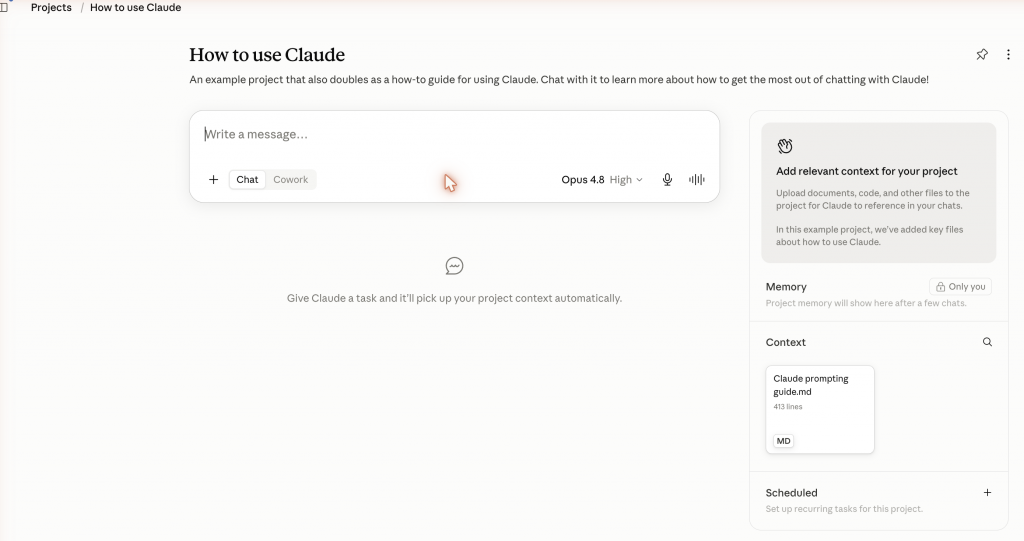 Un projet Claude et son panneau de contexte