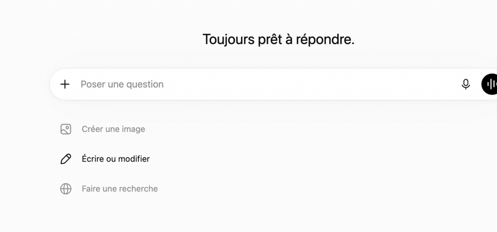 L'interface de ChatGPT avec ses raccourcis image, ecriture et recherche
