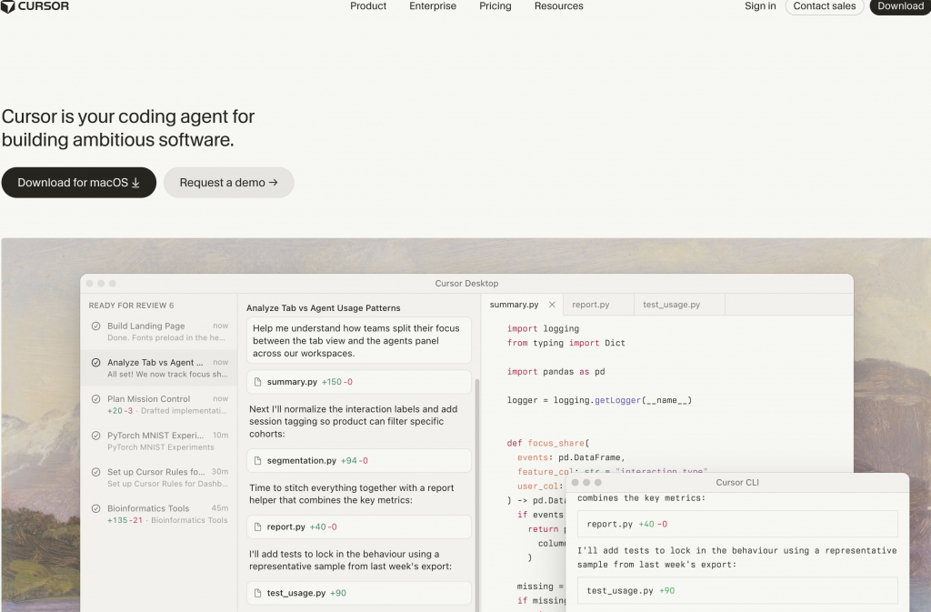 La page d'accueil de Cursor, éditeur de code avec IA