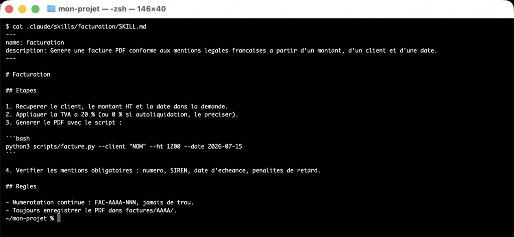 Un fichier SKILL.md réel affiché dans le terminal